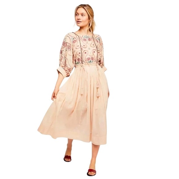 Free People Dresses & Skirts - Free People S Mesa Embroidered Cut-Out Midi Dress Beaded Tassels Bohemian Boho